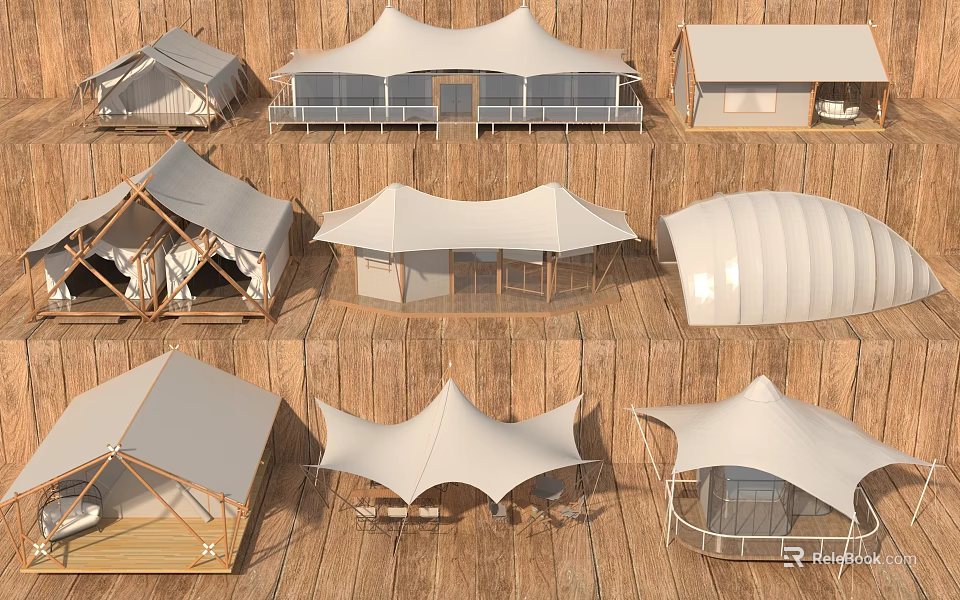 Various Stylish Tent Designs With Wooden Frames Canvas Tops And Unique Shapes 3d model 