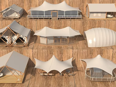 Various Stylish Tent Designs With Wooden Frames Canvas Tops And Unique Shapes 3d model