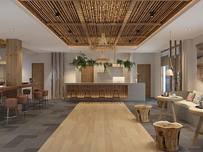 Hotel Lobby With Wooden Ceiling Green Plants Reception Desk And Cozy Seating Area 3d model