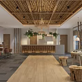 Hotel Lobby With Wooden Ceiling Green Plants Reception Desk And Cozy Seating Area