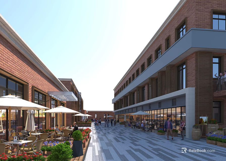 Vibrant Commercial Street With Red Brick Buildings Outdoor Seating Green Plants And People Walking 3d model 