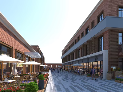 Vibrant Commercial Street With Red Brick Buildings Outdoor Seating Green Plants And People Walking 3d model