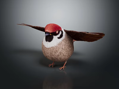 Red Capped Sparrow With Spread Wings Standing On Smooth Gray Background Surface 3d model