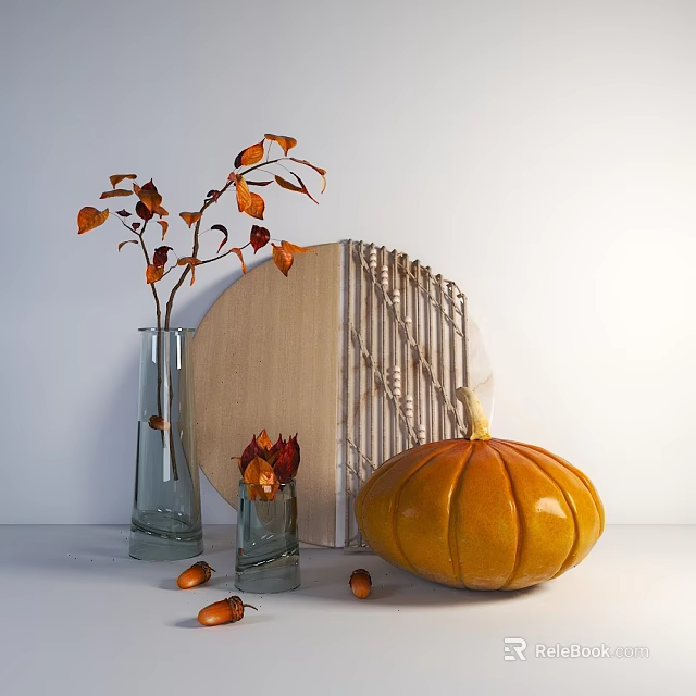 Decorative Ornament Set With Glass Vase Autumn Leaves Wooden Panel And Pumpkin 3d model 