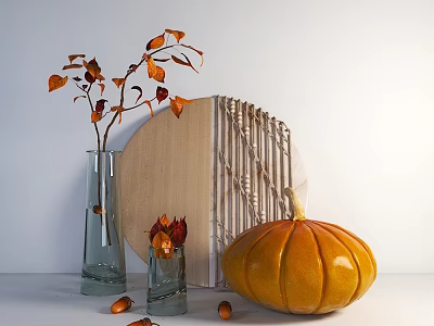 Decorative Ornament Set With Glass Vase Autumn Leaves Wooden Panel And Pumpkin 3d model