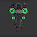 Spacecraft Engine Design With Glowing Green Orange Thrusters And Mechanical Structure
