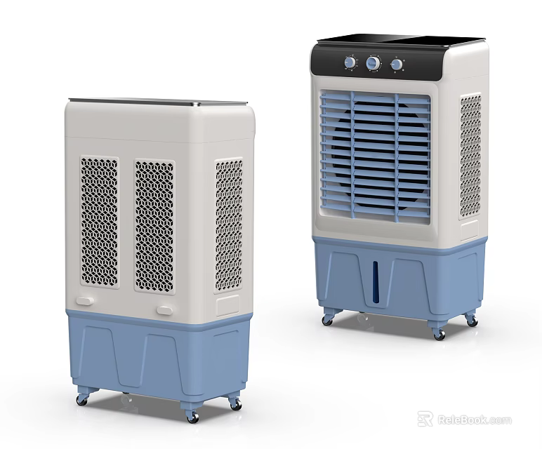 Two Air Cooler Fans With Different Designs Movable Wheels And Control Panel 3d model 