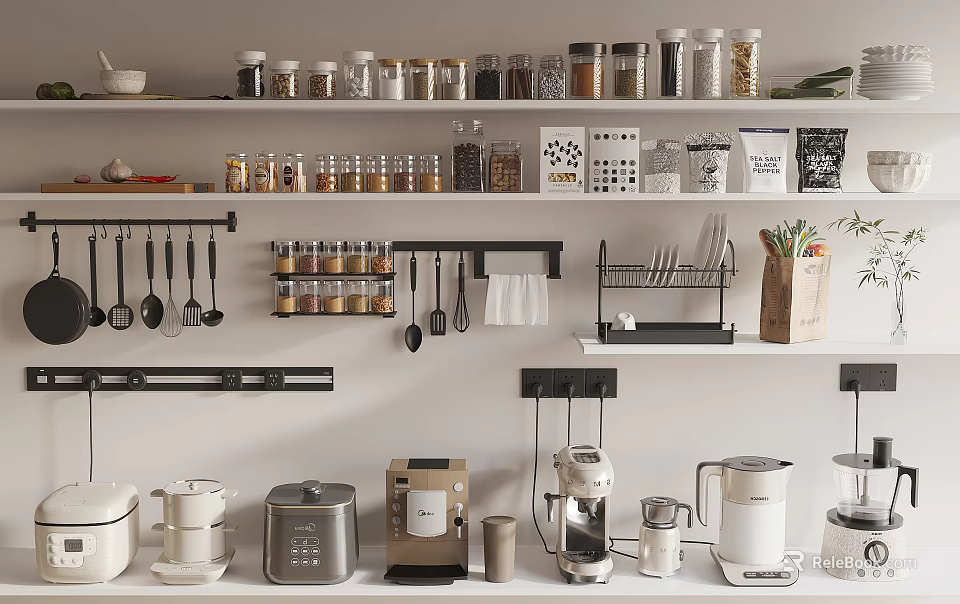 Organized Kitchen Tableware Set With Hanging Utensils Storage Jars And Appliances On Shelves 3d model 