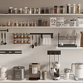 Organized Kitchen Tableware Set With Hanging Utensils Storage Jars And Appliances On Shelves