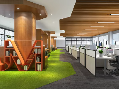 Modern Public Office Space Interior With Wooden Columns Orange Bookshelves And Green Carpet 3d model
