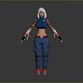 White Haired Female Character In Blue Crop Top Cargo Pants Red Shoes And Arm Tattoos