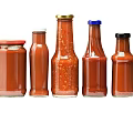 Various Shaped Condiment Bottles With Red Sauce And Different Lids On Black Background