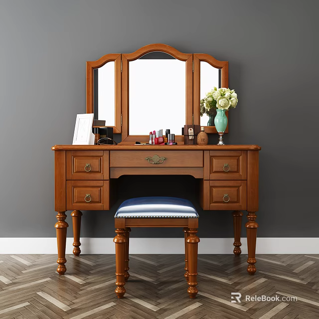 Classic Wooden Vanity With Triple Mirror Drawer Storage Striped Stool And Cosmetics Vase 3d model 