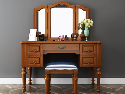 Classic Wooden Vanity With Triple Mirror Drawer Storage Striped Stool And Cosmetics Vase 3d model