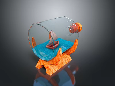 Sculpture Carving In Glass Bottle With Small Boat Blue Base And Orange Wooden Stand 3d model