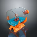 Sculpture Carving In Glass Bottle With Small Boat Blue Base And Orange Wooden Stand