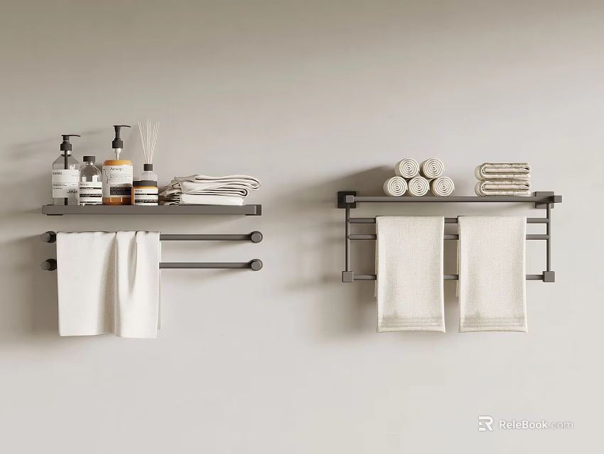 Bathroom Wall Mounted Shelves With Hanging Towels Folded Towels And Toiletries 3d model 