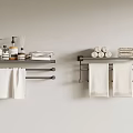 Bathroom Wall Mounted Shelves With Hanging Towels Folded Towels And Toiletries