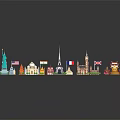 Colorful Cartoon Scenery With Various Countries Famous Landmarks Models And National Flags