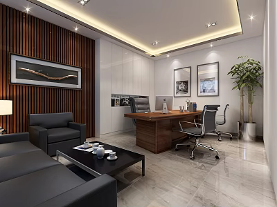 Modern Office Interior Design With Black Sofa Wooden Desk Office Chair Potted Plant And Decorative Paintings 3d model