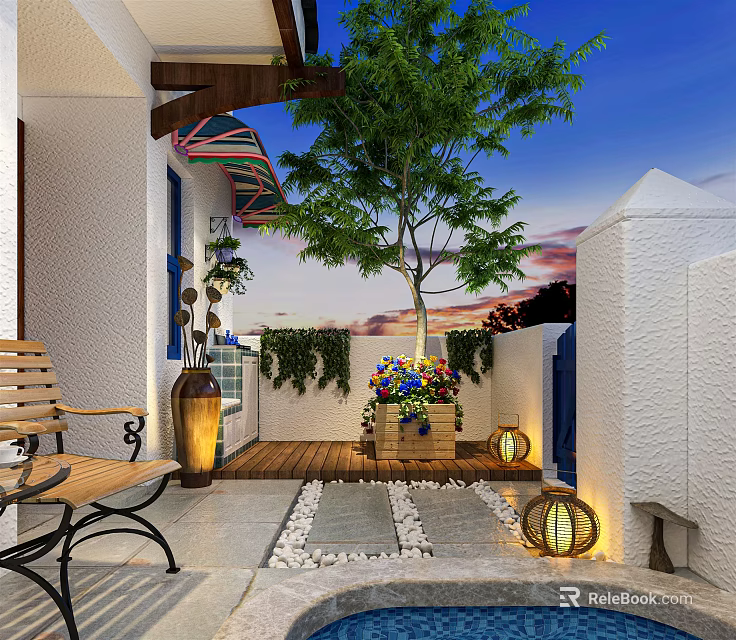 Charming Courtyard Garden Design With Wooden Bench Flower Box Stone Path And Lanterns 3d model 