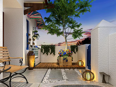 Charming Courtyard Garden Design With Wooden Bench Flower Box Stone Path And Lanterns 3d model