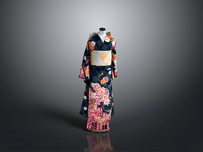Traditional Japanese Kimono With Floral Patterns And Elegant Obi Displayed On Mannequin 3d model