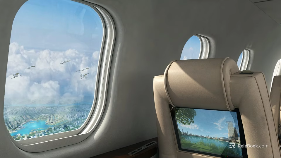 Passenger Airplane Interior With Large Windows Clouds Beige Seats And Seatback Screens 3d model 