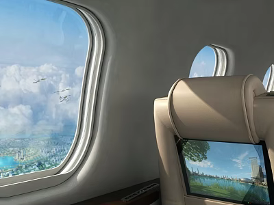 Passenger Airplane Interior With Large Windows Clouds Beige Seats And Seatback Screens 3d model