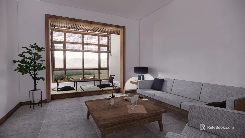 Contemporary Living Room Interior With Grey Sofa Wooden Coffee Table Large Window And Mountain View 3d model 