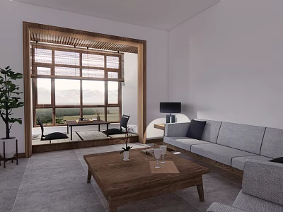 Contemporary Living Room Interior With Grey Sofa Wooden Coffee Table Large Window And Mountain View 3d model