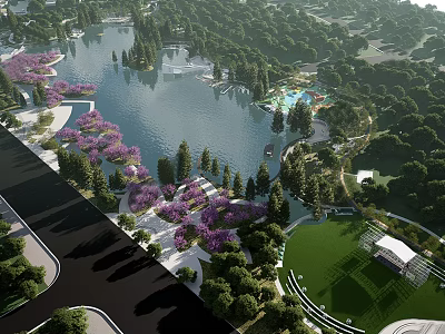Scenic Park Landscape With Lake Purple Flowers Trees and Green Lawn Areas 3d model