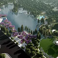 Scenic Park Landscape With Lake Purple Flowers Trees and Green Lawn Areas