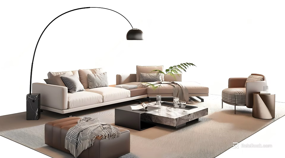 Beige L Shaped Sofa and Marble Top Coffee Table Set with Arc Floor Lamp and Ottoman 3d model 