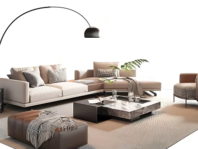 Beige L Shaped Sofa and Marble Top Coffee Table Set with Arc Floor Lamp and Ottoman 3d model