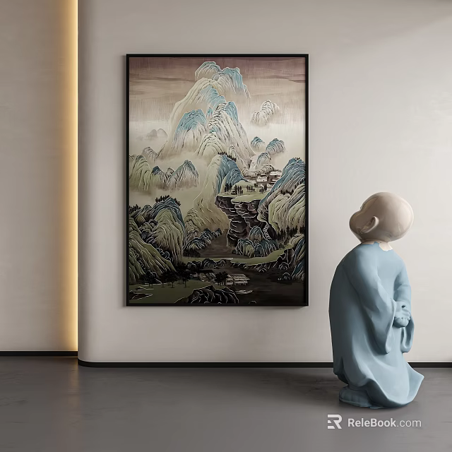 Traditional Mountain Landscape Painting On Wall With Small Sculpture Interior 3d model