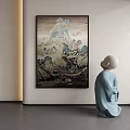 Traditional Mountain Landscape Painting On Wall With Small Sculpture Interior 3d model