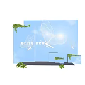 Decorative Platform Scene With Blue Background White Butterfly Outlines And Green Plants
