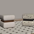 Minimalist Beige And Patterned Ottomans On Black Square Patterned Rug With Light Wall