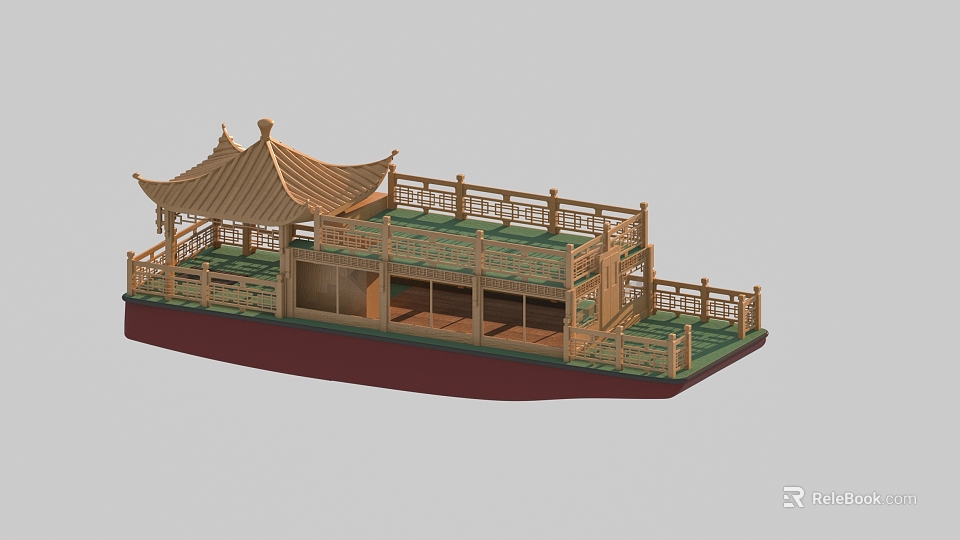 Traditional Wooden Boat with Classic Pavilion Roof Double Deck and Intricate Wooden Railing Design 3d model 