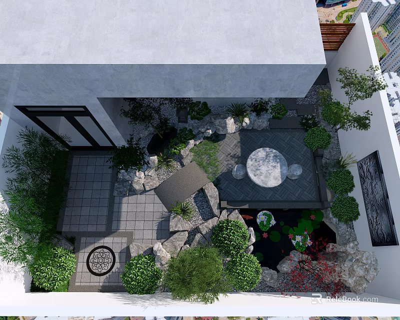 Courtyard Garden With Stone Patio Green Plants Round Table Rock Decorations And Water Feature 3d model 