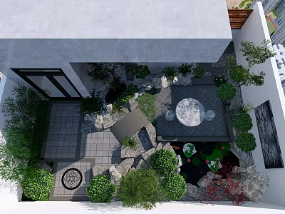 Courtyard Garden With Stone Patio Green Plants Round Table Rock Decorations And Water Feature 3d model