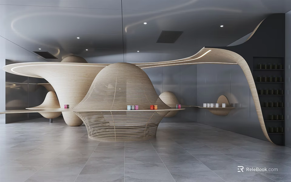 Modern Teahouse Interior Design With Curved Wooden Structure And Open Space 3d model 