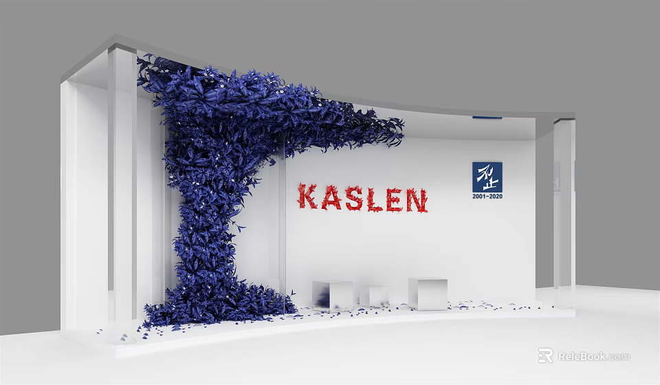 Check-in at KASLEN Exhibition Booth Featuring Blue Decorative Plants and Brand Sign 3d model 