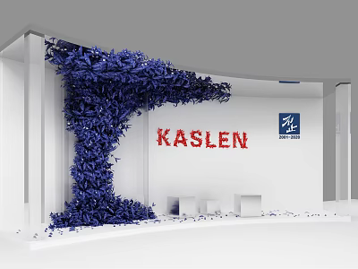 Check-in at KASLEN Exhibition Booth Featuring Blue Decorative Plants and Brand Sign 3d model