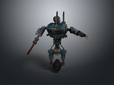 Blue And Brown Mechanical Robot Creature With Antenna Arms And Wheel Base 3d model