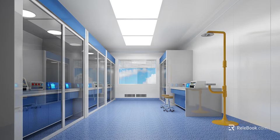 Modern Laboratory Interior With Blue Flooring Glass Partitions White Walls Lab Benches And Yellow Lighting 3d model 