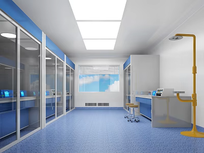 Modern Laboratory Interior With Blue Flooring Glass Partitions White Walls Lab Benches And Yellow Lighting 3d model