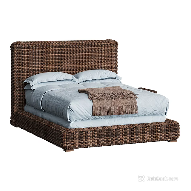 Brown Woven Double Bed With Light Blue Bedding Two Pillows And Brown Throw Blanket 3d model