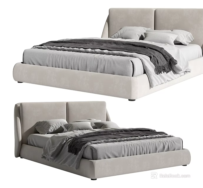 Modern Upholstered Double Bed With Soft Pillows And Cozy Gray Blanket 3d model 